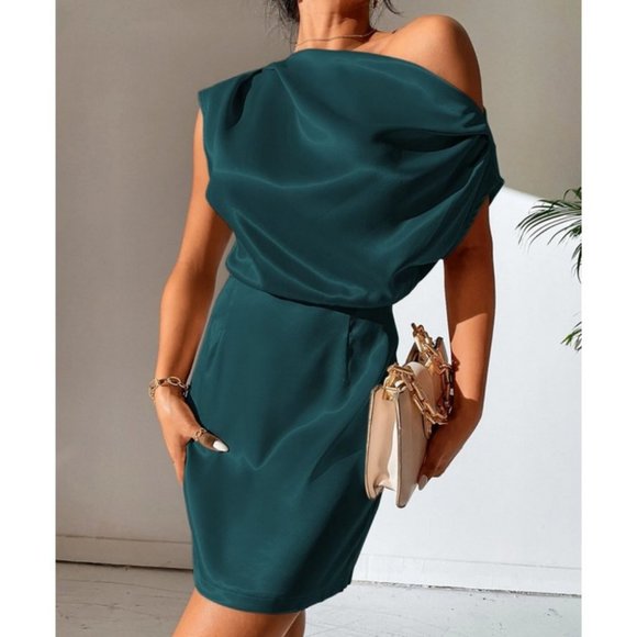 Satin Asymmetrical NeckLine Mini Dress- teal - Picture 3 of 6